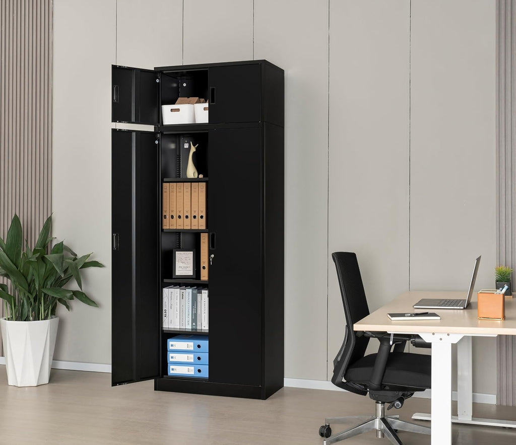 CJF Metal Storage Cabinet, 87 inch Tall Large Locking Cabinet with Top Cabinet, Garage Storage Cabinet with 4 Adjustable Shelves for Home Office, Garage and Utility Room-Black