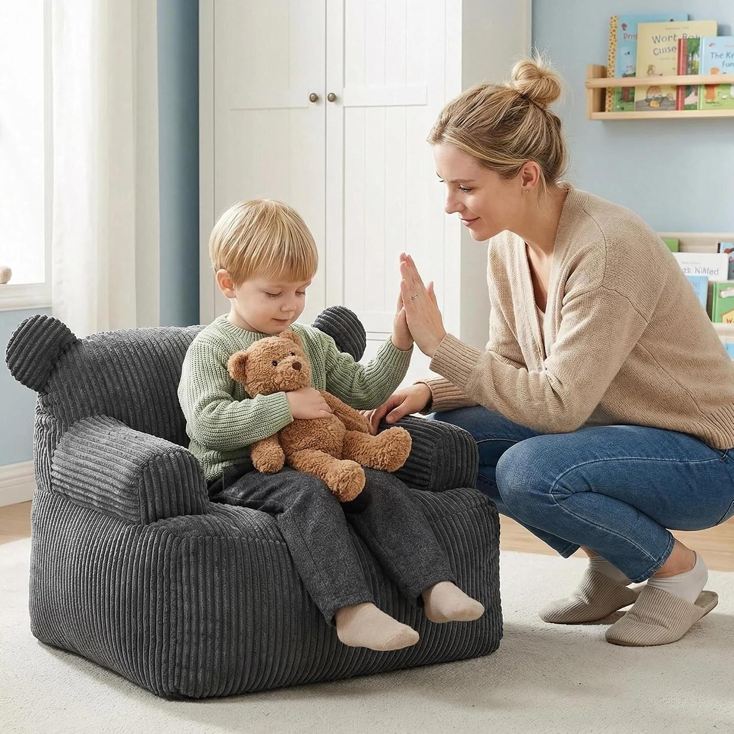 Kids Bear Ear Bean Bag Chair, Stuffed Toddler Sofa Chair with Pocket, Lazy Floor Chair for Boys and Girls, for Gaming, Reading, Nursery Playroom Bedroom