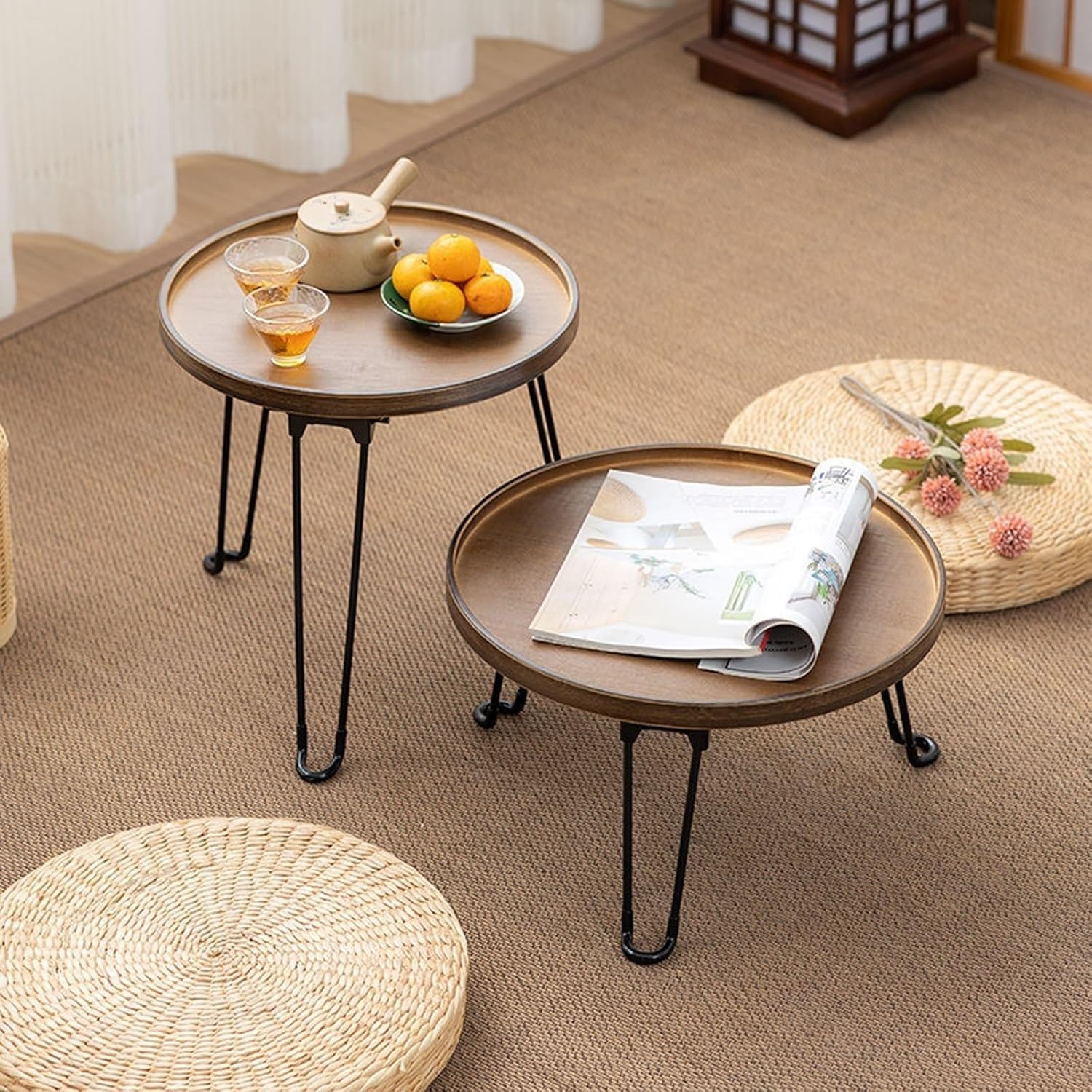 Round Coffee Table Sofa Side Table with Fluted Simple Center Table for Living Room, Farmhouse Cocktail Table End Table Multifunctional for Plant Shelf Indoor/Outdoor(Brown,40x40x32cm/16x16x13in)
