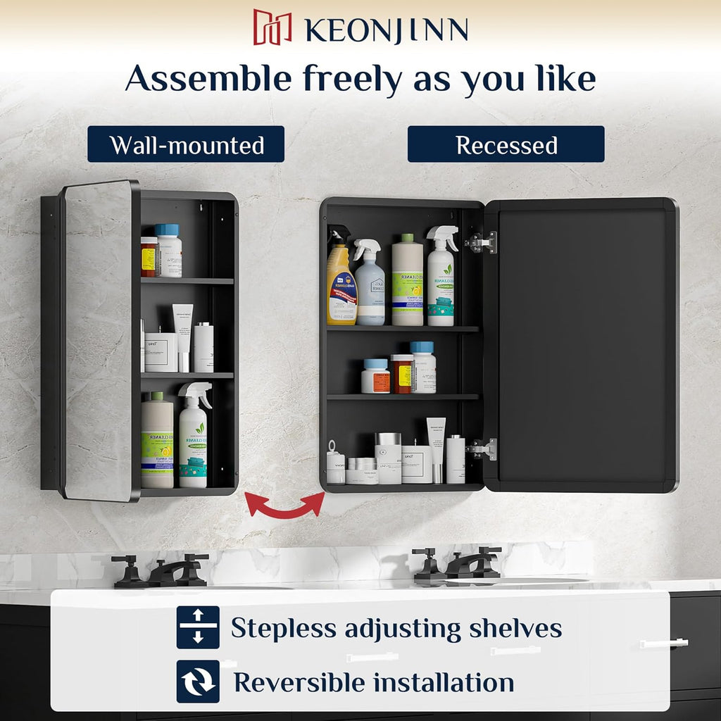 Keonjinn Black Medicine Cabinet 16 x 24 Inch, Bathroom Medicine Cabinet with Mirror, Heavy & Solid Stainless Steel Framed, Adjustable Shelves, Recessed or Wall Mount, Bathroom Mirror with Storage