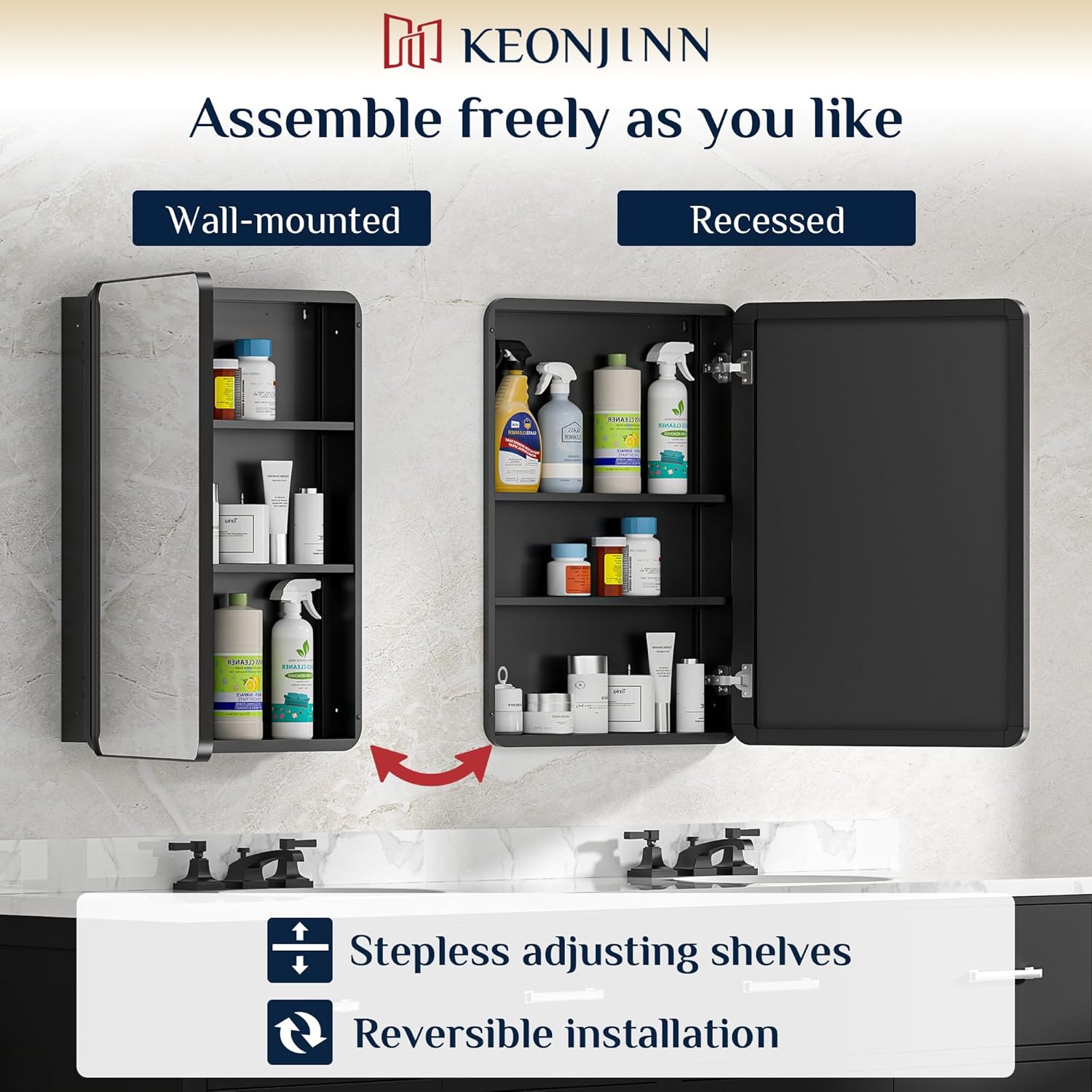 Keonjinn Black Medicine Cabinet 16 x 24 Inch, Bathroom Medicine Cabinet with Mirror, Heavy & Solid Stainless Steel Framed, Adjustable Shelves, Recessed or Wall Mount, Bathroom Mirror with Storage
