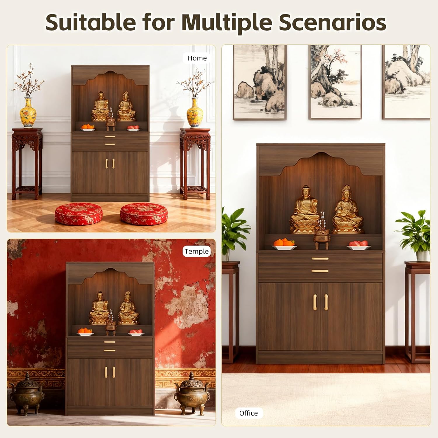 Altar Table, Solid Wood Meditation Prayer Table, Chinese Feng Shui Buddhist Altar Cabinet, Pooja Cabinet for Home or Temple Worship