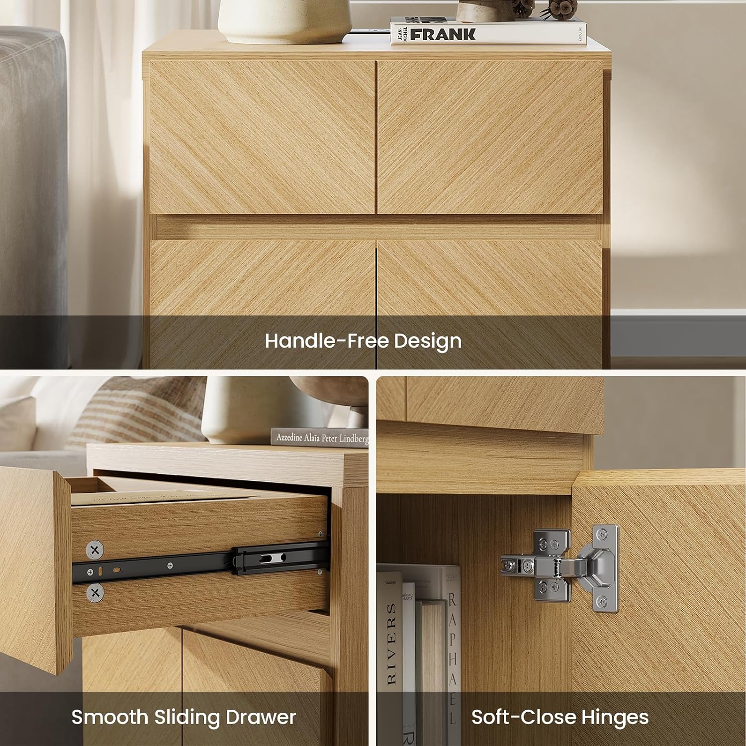 ModernMate 23.5" Tall Modern Nightstand, Wood Bedside Table with Drawer, USB-C Port, Wooden Night Stand End Table for Bedroom, Sofa, Chevron Pattern Design, Stable Legs, Natural Oak