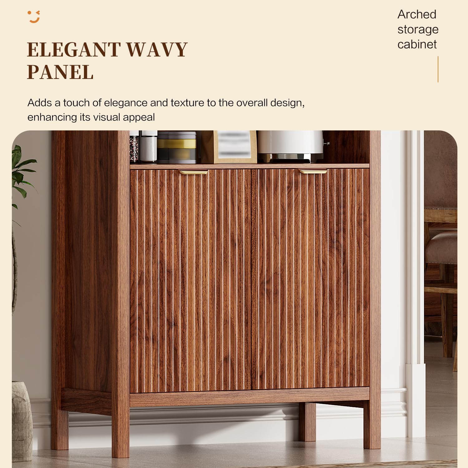 Ieejdn 71" Tall Arched Kitchen Pantry,Modern Fluted Wood Storage Cabinet with Doors,Adjustable Shelves,Organizer, Versatile Cupboard for Kitchen,Living Room,Dining Room,Bathroom,Walnut3