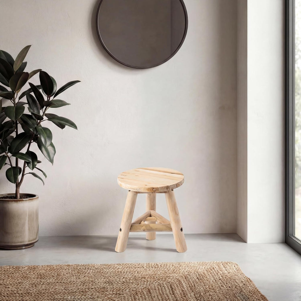 JONATHAN Y Finesse Handcrafted Solid Teak Wood Accent Stool, 14" Rustic Round Backless Step Stool for Living Room, Natural Bleach Finish Side Table, Holds up to 275 lbs STL3008A