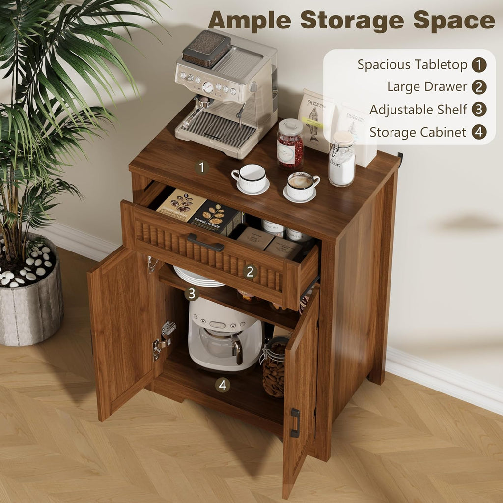 Buffet Cabinet with Storage Drawer, Farmhouse Coffee Bar Table with Storage Drawer and Adjustable Shelf, Small Fluted Sideboard Cabinet for Kitchen, Dining Room, Living Room, Entryway, Modern Walnut