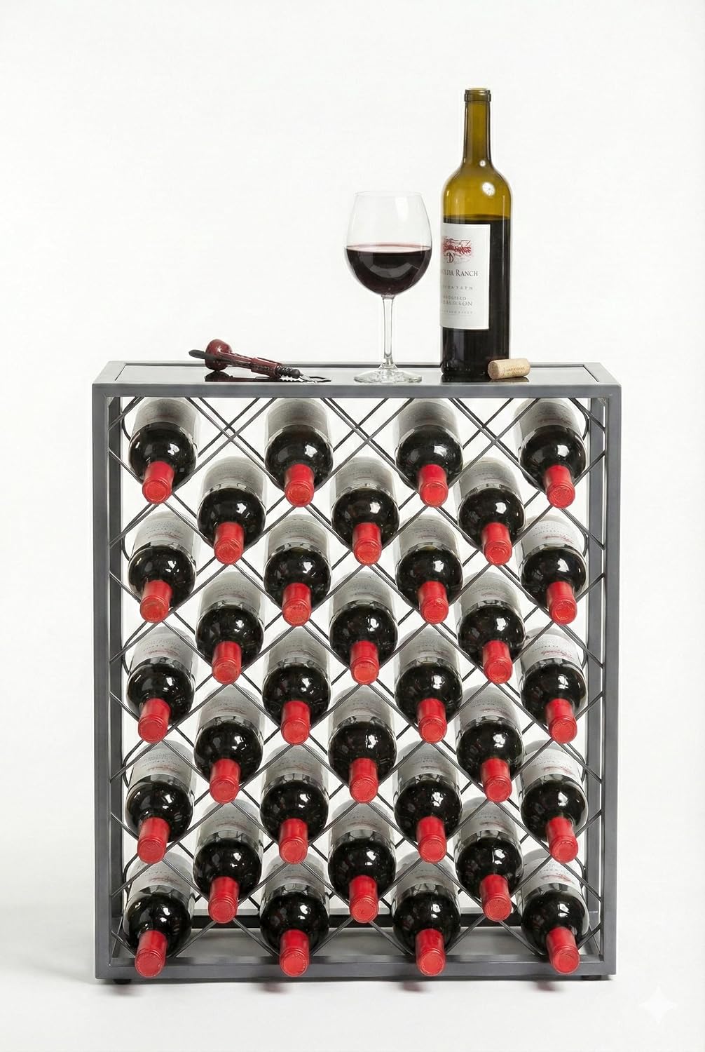Mango Steam 32 Bottle Gray Wine Rack with Gray Glass Top Shelf, Free Standing for Home, Kitchen and Bar