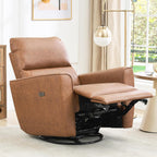 Power Recliner Chair, 270° Swivel Rocking Glider with USB Charging Port, PU Leather Upholstered Fabric, Ergonomic Modern Nursery Chair for Living Room, Bedroom, Nursery (Power Brown)