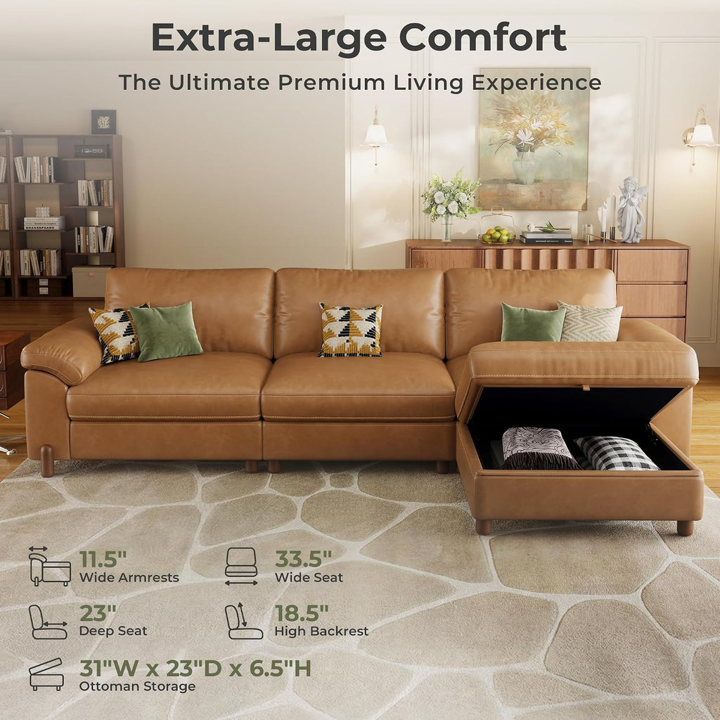 SITJOY Oversized Sectional Couches for Living Room, Extra Large Deep Seat Couch with Chaise, 118" Wide Couch, 3 Seater L Shaped Couch with Storage Ottoman, Pet-Friendly Leather in Brown