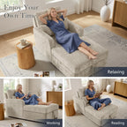 57.9" Oversized Chaise Lounge Chair Indoor, Chenille Reading Chair with Adjustable Backrest & Storage, Upholstered Comfy Sleeper Chair with 2 Pillows, Sofa Bed for Living Room, Bedroom, Camel