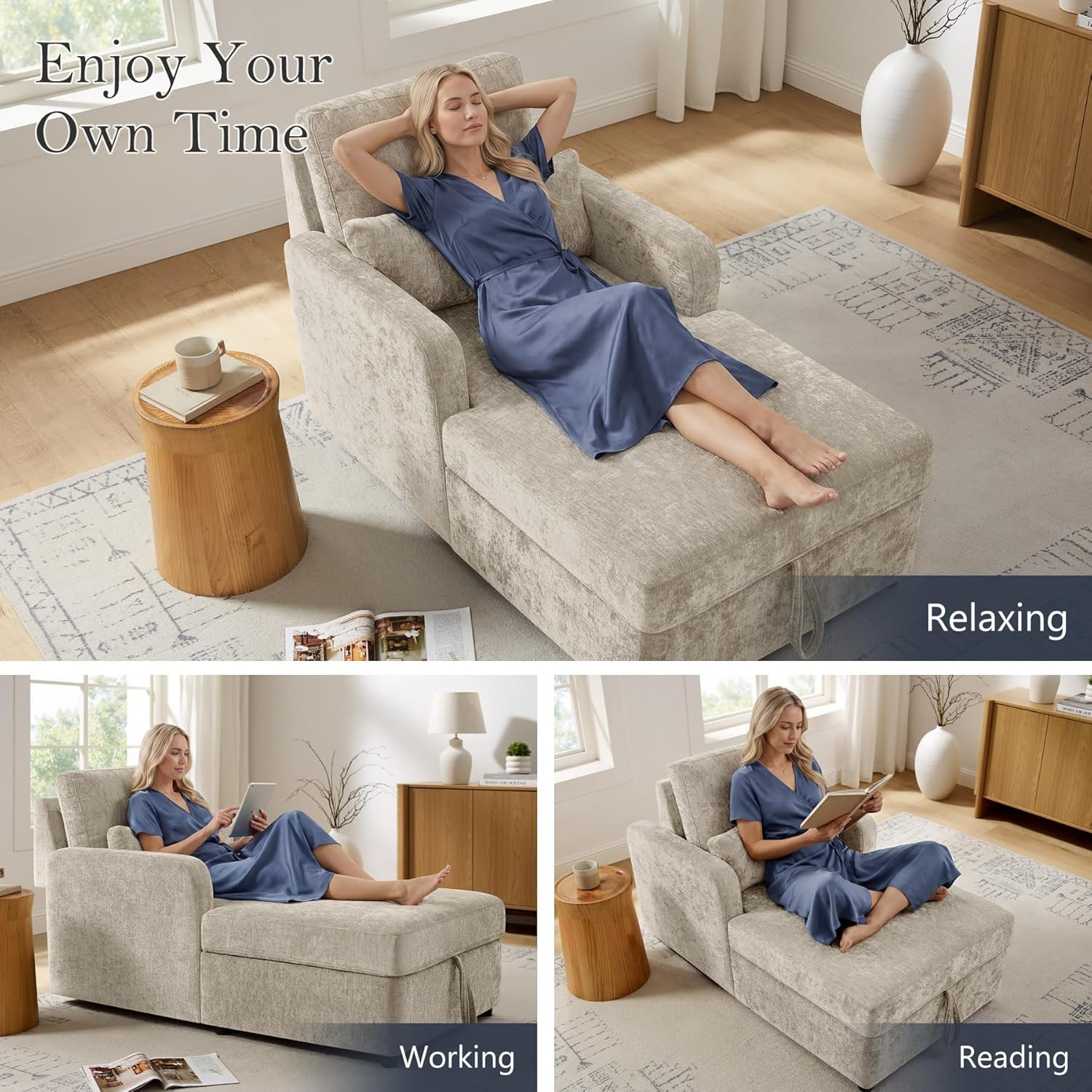 57.9" Oversized Chaise Lounge Chair Indoor, Chenille Reading Chair with Adjustable Backrest & Storage, Upholstered Comfy Sleeper Chair with 2 Pillows, Sofa Bed for Living Room, Bedroom, Camel