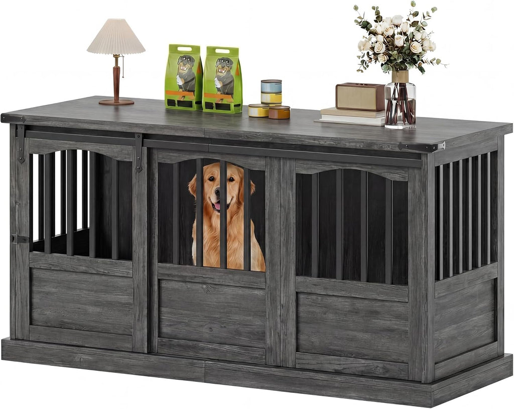 Homiflex 53 Inch Wooden Dog Crate Furniture Heavy Duty Dog Kennel Furniture with Sliding Doors for Large Breed Decorative Solid Wood Dog Cage End Table for Indoor, Grey