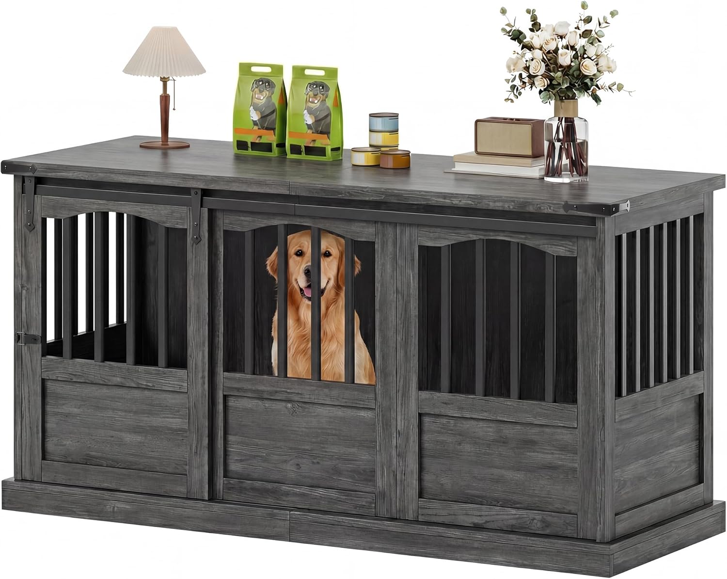 Homiflex 53 Inch Wooden Dog Crate Furniture Heavy Duty Dog Kennel Furniture with Sliding Doors for Large Breed Decorative Solid Wood Dog Cage End Table for Indoor, Grey