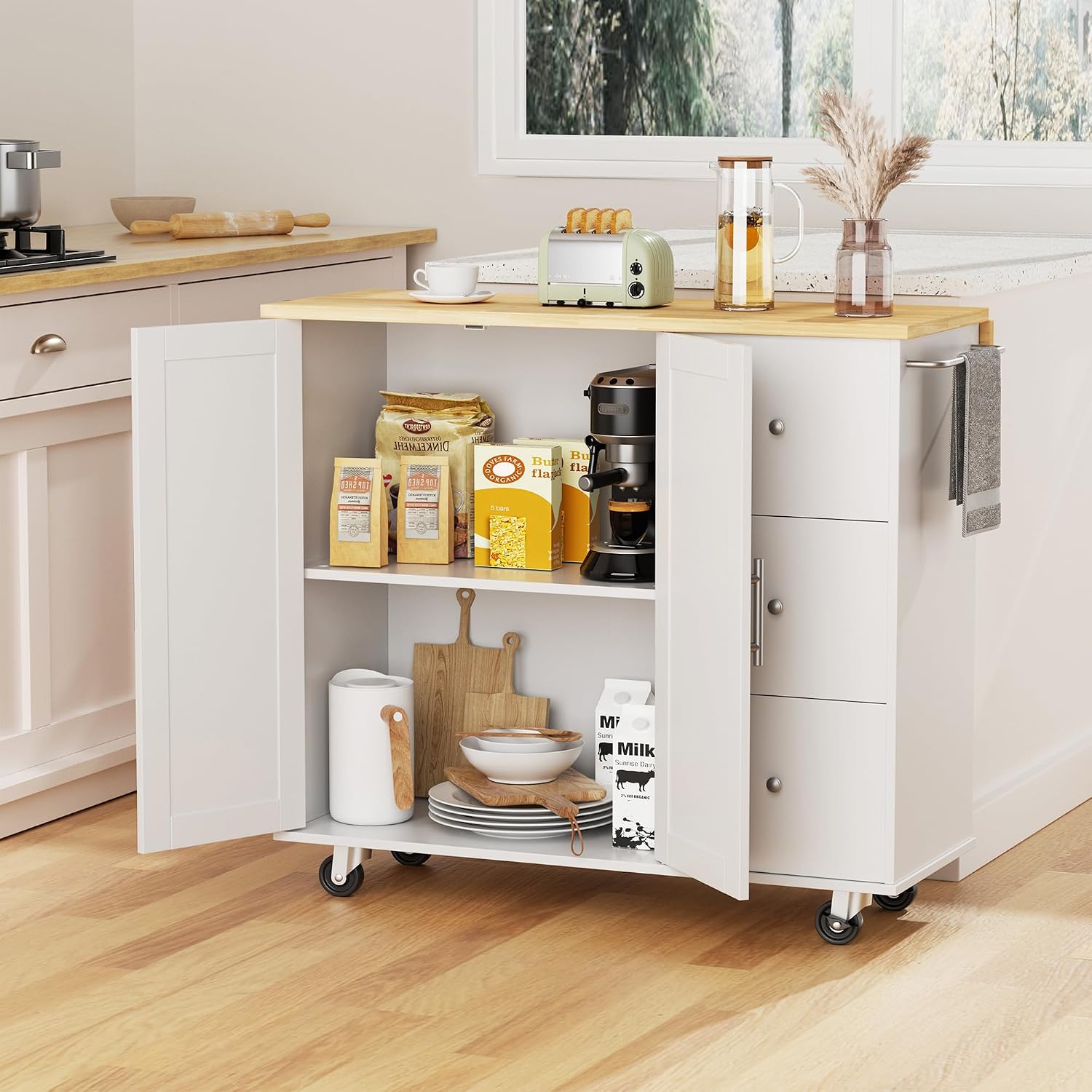 Mobile Kitchen Island on Wheels, Rolling Storage Cart with Drawers, White | 40" Rolling Kitchen Cart , Portable Utility Cart with Locking Casters, for Small Kitchens & Dining Rooms