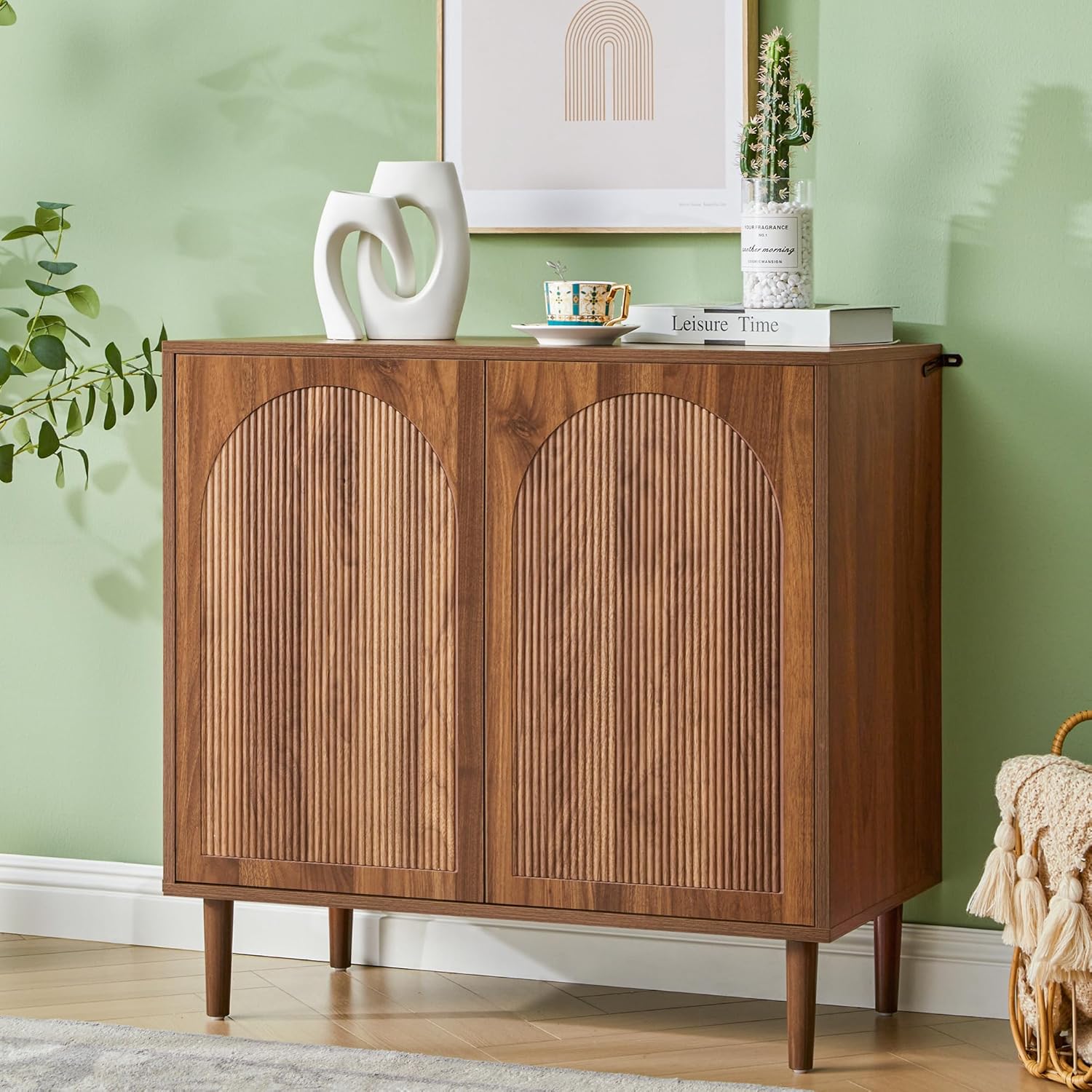 Bifins 94.5” Fluted Sideboard Buffet Cabinet with Storage,Mid Century Modern Long Wood Storage Cabinet with Arched Profile for Dining Room Kitchen Living Room