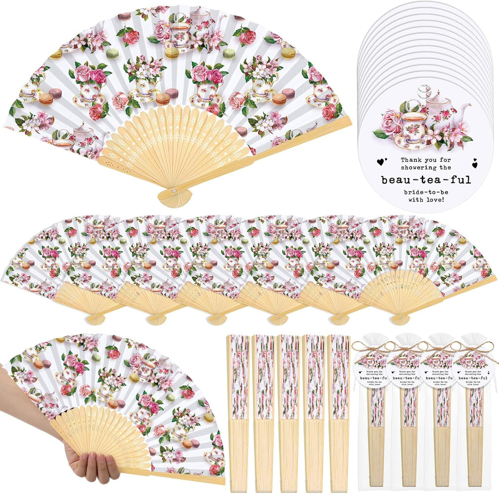 CroBlissful 30 Sets Off the Market Bridal Shower Favors Bamboo Folding Paper Hand Fans with Organza Bags and Thank You Tags Floral Market Themed Wedding Souvenirs for Guests