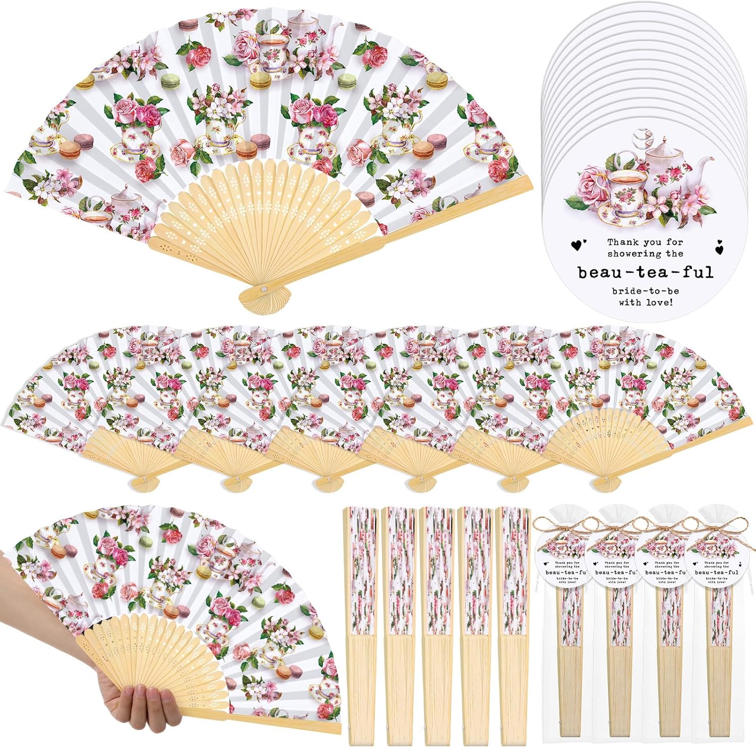 CroBlissful 30 Sets Off the Market Bridal Shower Favors Bamboo Folding Paper Hand Fans with Organza Bags and Thank You Tags Floral Market Themed Wedding Souvenirs for Guests