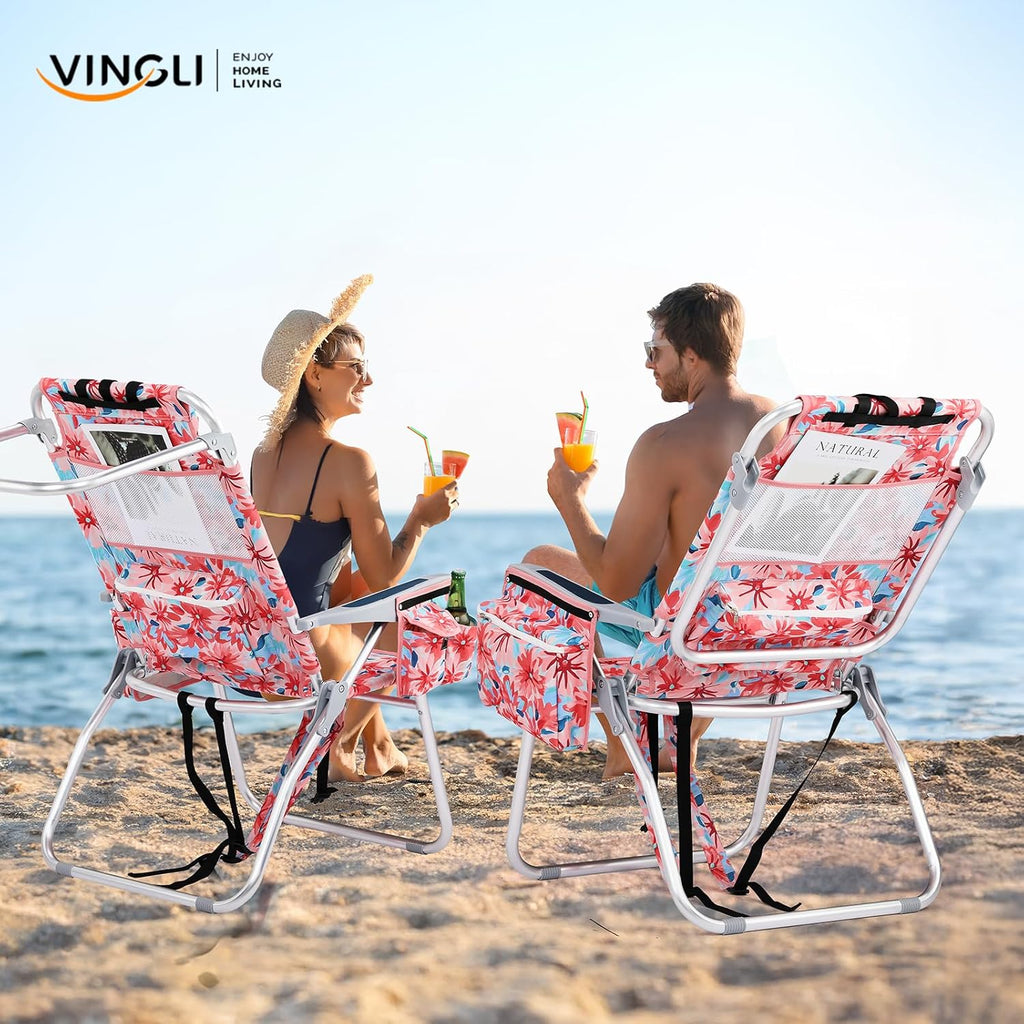 VINGLI Tall Beach Chair 2 Pack Lightweight, Backpack Beach Chair for Adults with 5-Position, Cooler Bag, Cup Holders, Towel Bar, Lightweight Folding Beach Camping Chairs