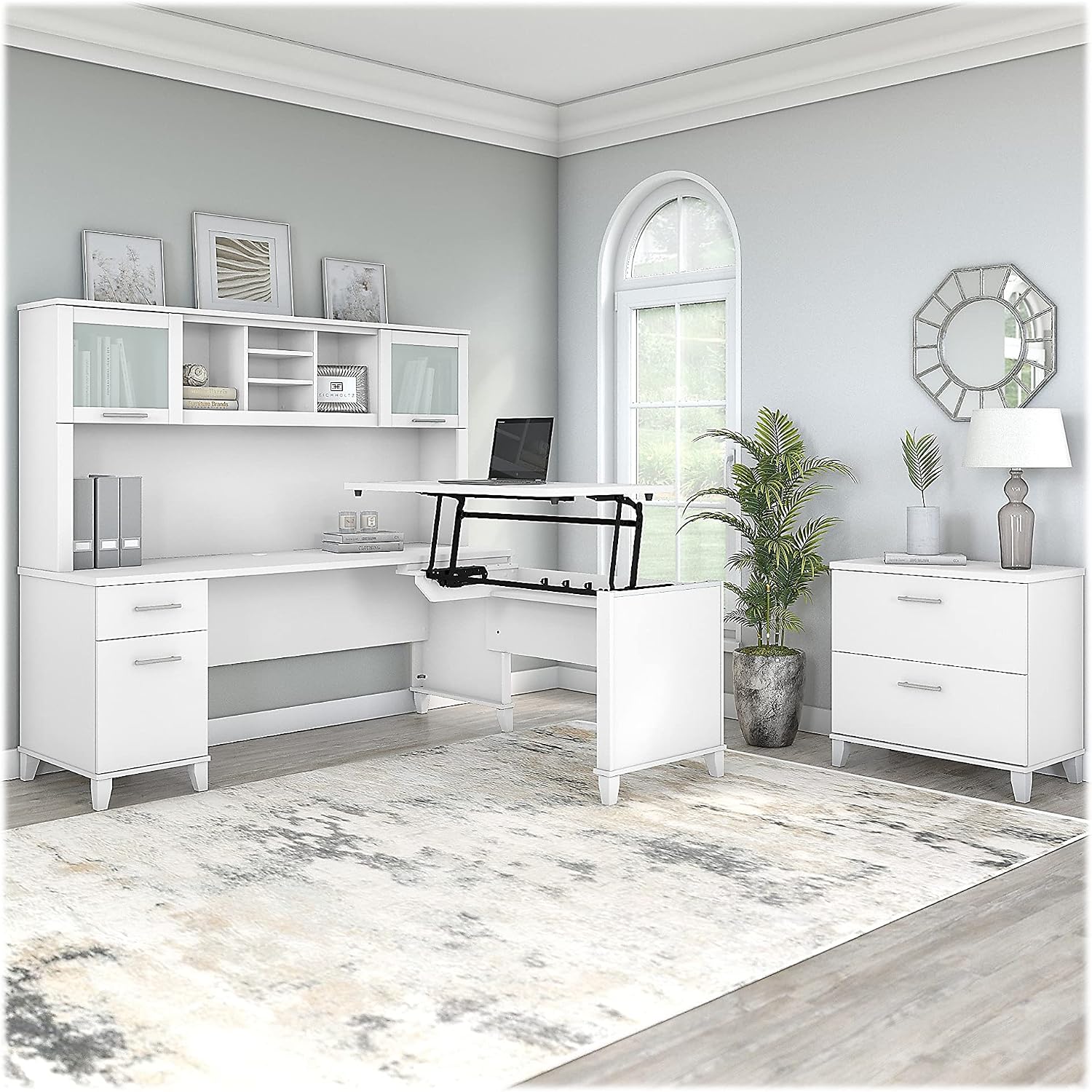 Bush Home Somerset 72W 3 Position Sit to Stand L Shaped Desk with Hutch and File Cabinet in White