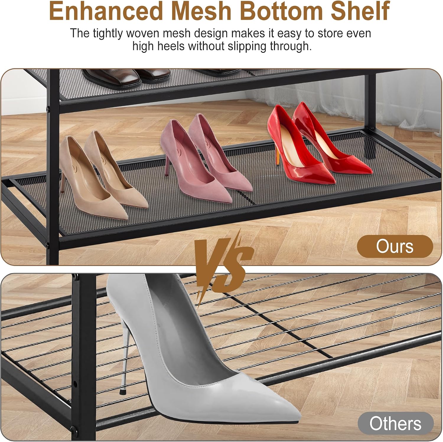 DUMOS 3-Tier Shoe Bench with Storage, Industrial Entryway Sturdy Shoe Rack Organizer Bench with Mesh Shelves for Entryway, Hallway & Living Room, Easy Assembly, Rustic Brown