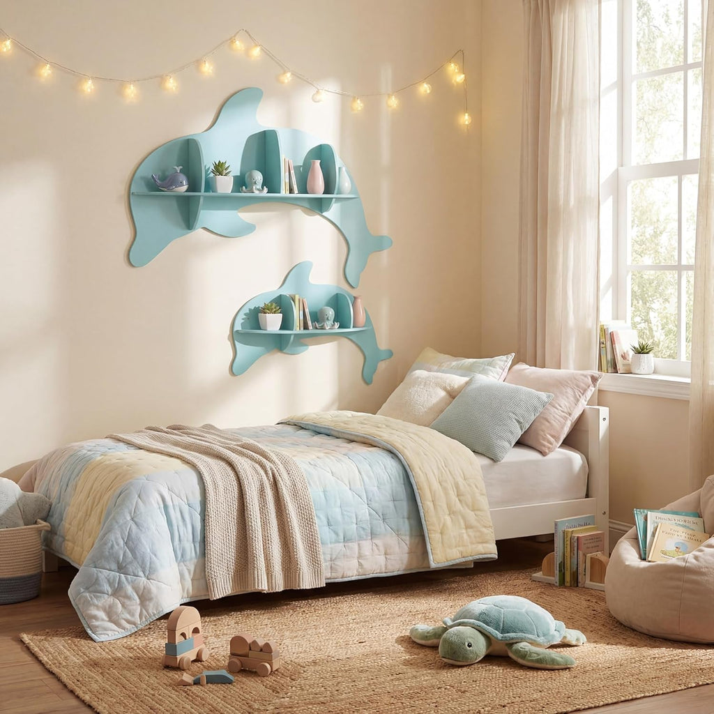 HONEY JOY Wall Mounted Kids Book Shelves Set of 2, Dolphin-Shaped Floating Book Shelves w/Compartments, Space-Saving Cute Bookcases, Wooden Display Storage Rack for Bedroom Nursery Kindergarten