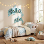HONEY JOY Wall Mounted Kids Book Shelves Set of 2, Dolphin-Shaped Floating Book Shelves w/Compartments, Space-Saving Cute Bookcases, Wooden Display Storage Rack for Bedroom Nursery Kindergarten