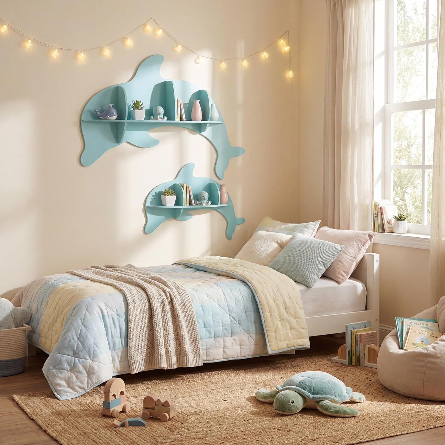 HONEY JOY Wall Mounted Kids Book Shelves Set of 2, Dolphin-Shaped Floating Book Shelves w/Compartments, Space-Saving Cute Bookcases, Wooden Display Storage Rack for Bedroom Nursery Kindergarten