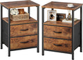 Huuger Night Stand Set 2, Nightstand with 2 Drawers, Bed Side Table with Open Shelf, Wooden Top, End Table, Fabric Drawer, for Bedroom, Rustic Brown