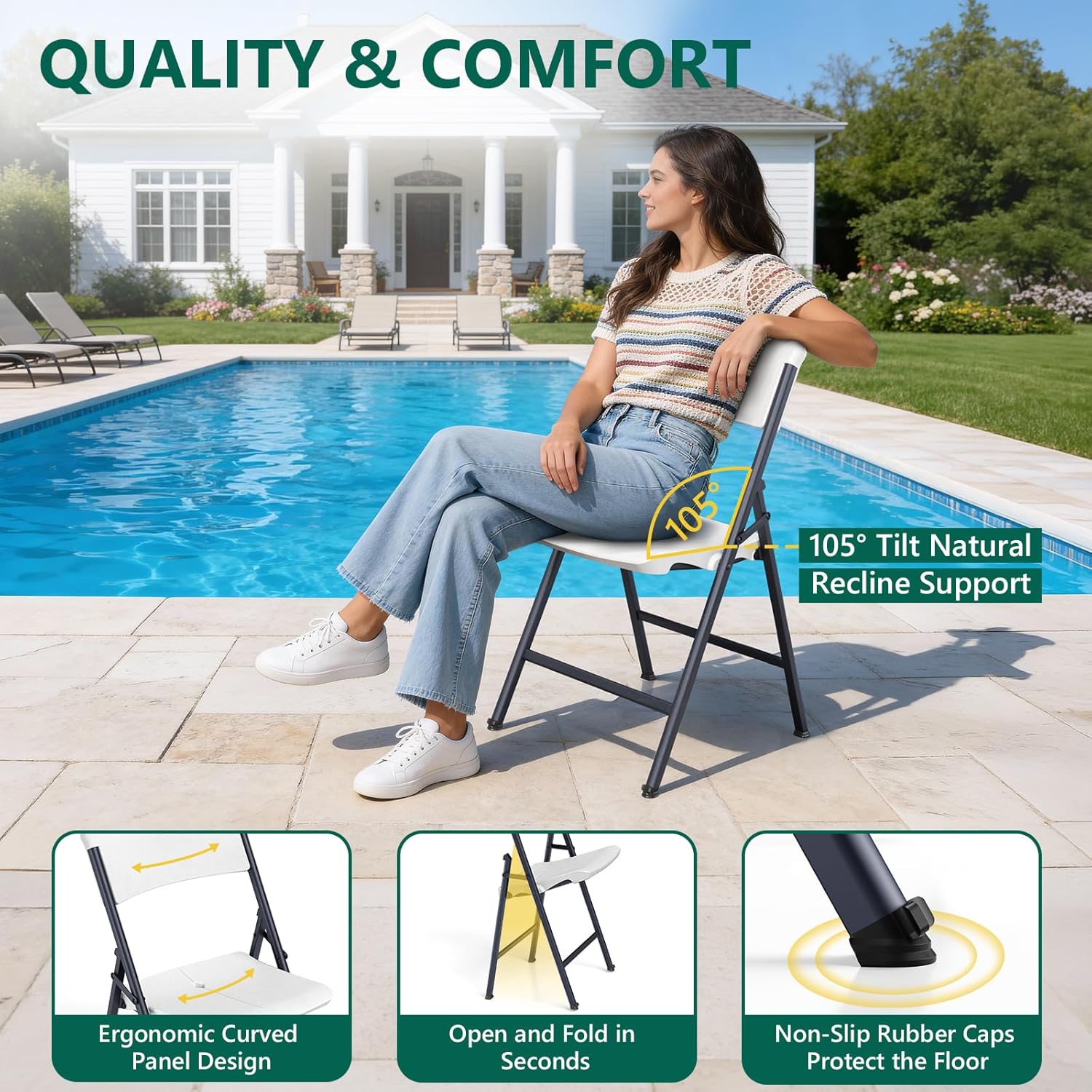White Folding Chairs 4 Pack, Outdoor Portable Plastic Foldable Chairs with Metal Frame, 300lbs Capacity Heavy Duty Folding Chairs for Patio, Picnic, Kitchen, Dining, Party