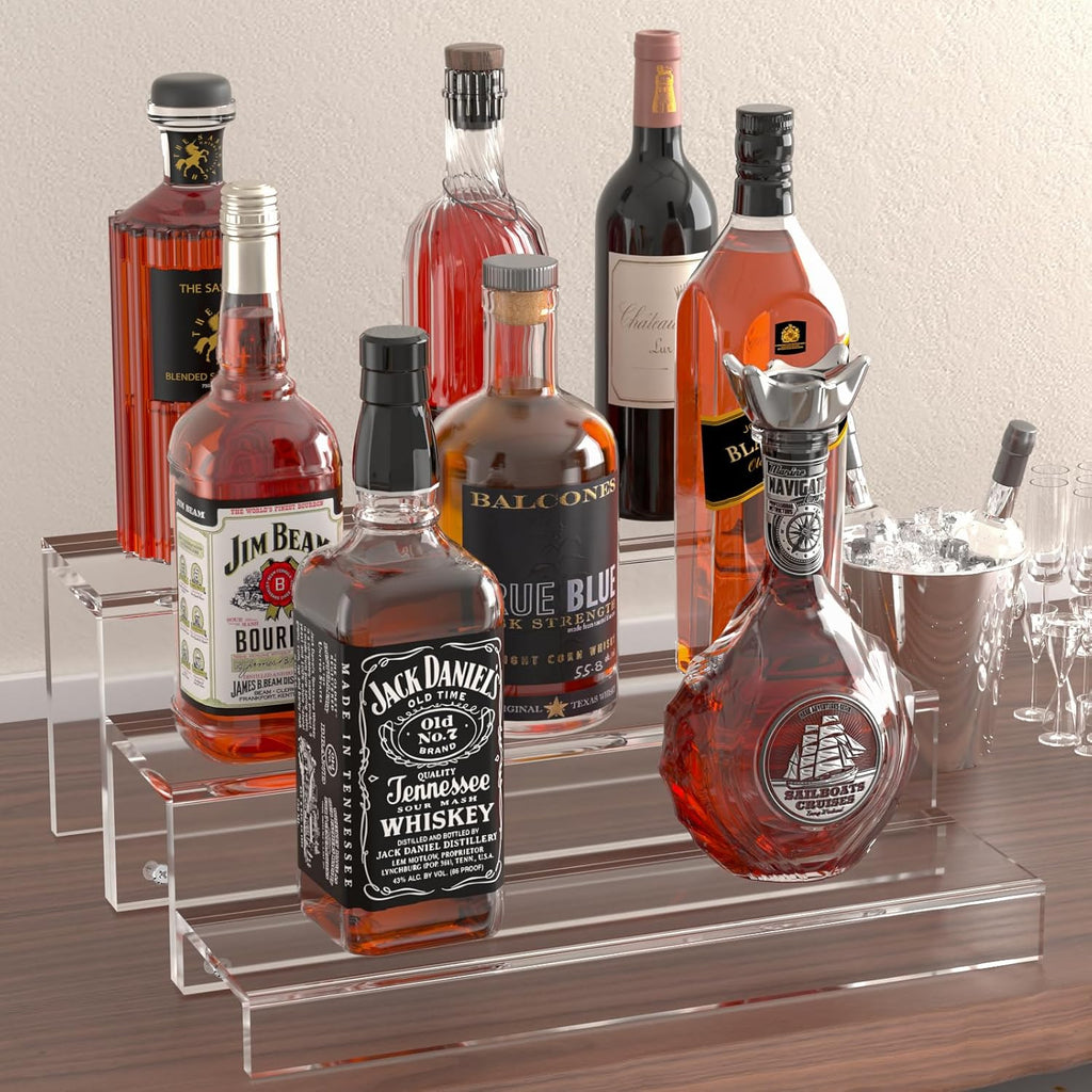 JUESHA 3 Tiers Bar Shelves for Liquor Bottles (Patent: D1076520S) | 15" Bar Organizer for Countertop, Clear Acrylic Risers Display Racks Stands for Figures Pops Cupcake Perfume Collections