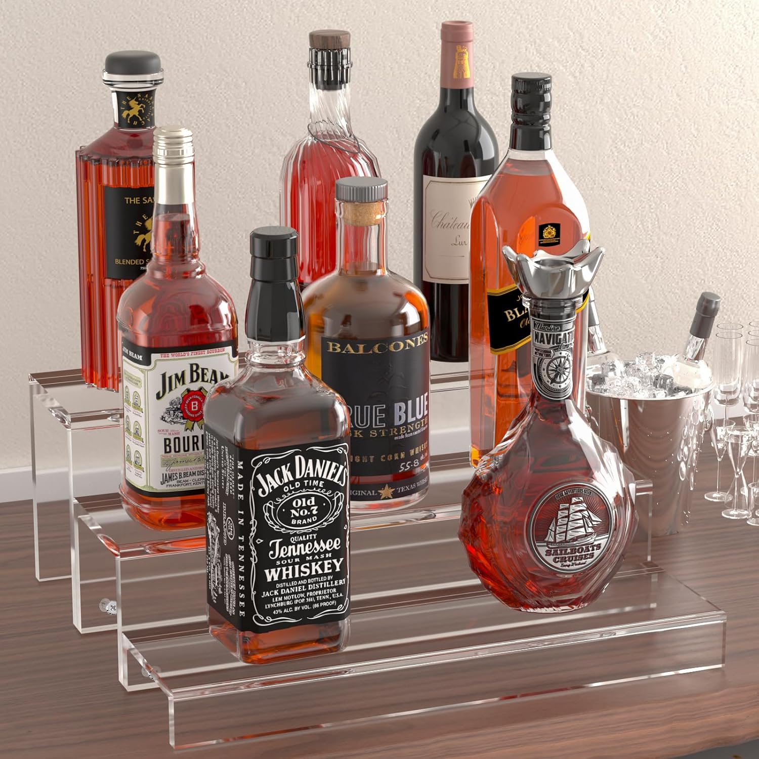 JUESHA 3 Tiers Bar Shelves for Liquor Bottles (Patent: D1076520S) | 15" Bar Organizer for Countertop, Clear Acrylic Risers Display Racks Stands for Figures Pops Cupcake Perfume Collections