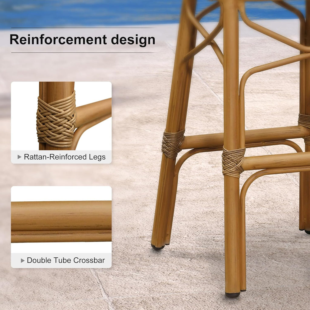 PURPLE LEAF French Bar Stools Set of 2 Patio Rattan Aluminum Bar Height Bamboo Pattern Finish Barstools with Back for Pool Garden Kitchen Island Outdoor Bar Chairs, Brown