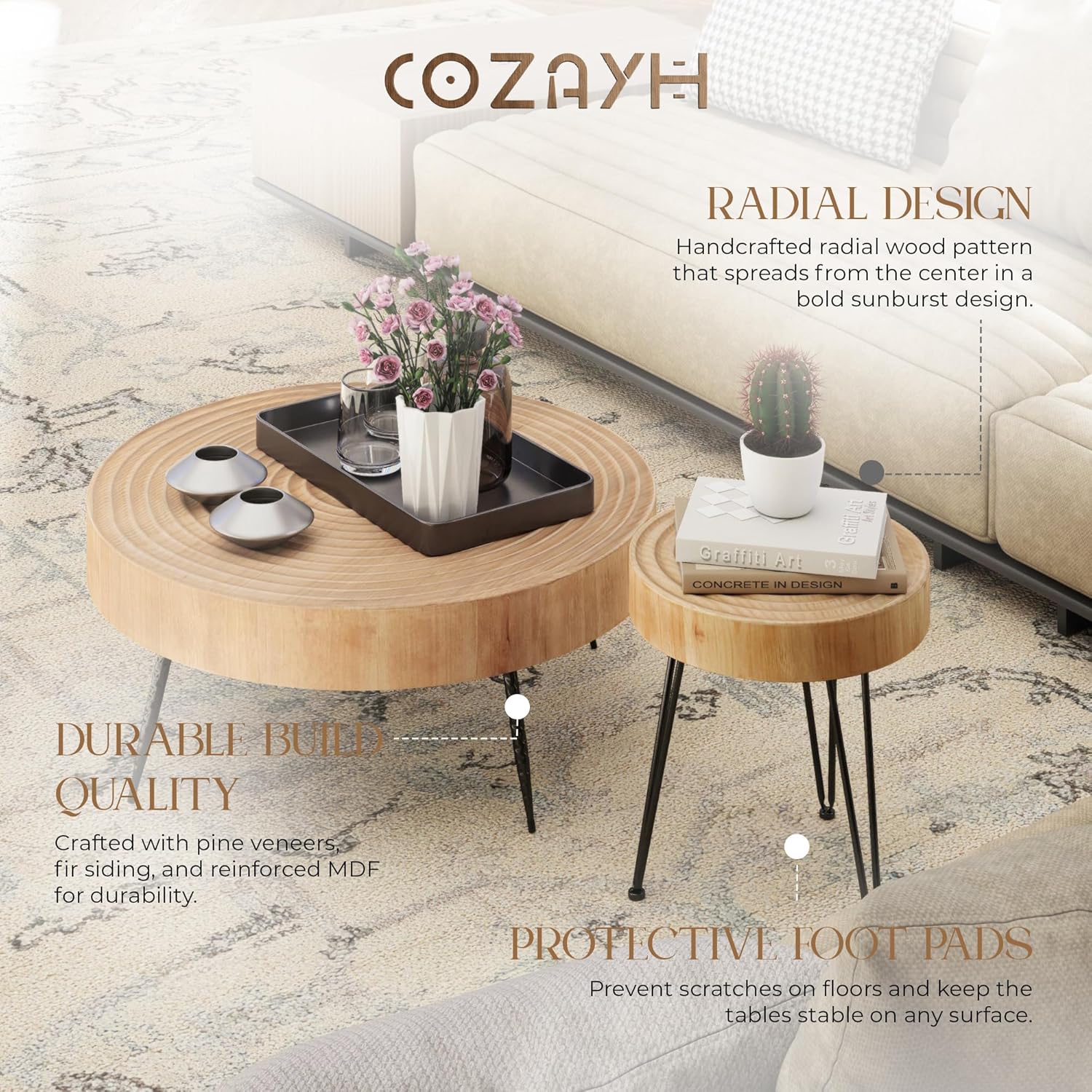 COZAYH 2-Piece Round Nesting Coffee Table Set, Natural Wood Top with Black Metal Legs, Ring Pattern – Rustic Farmhouse Accent for Living Room or Bedroom – Space-Saving Modern Furniture