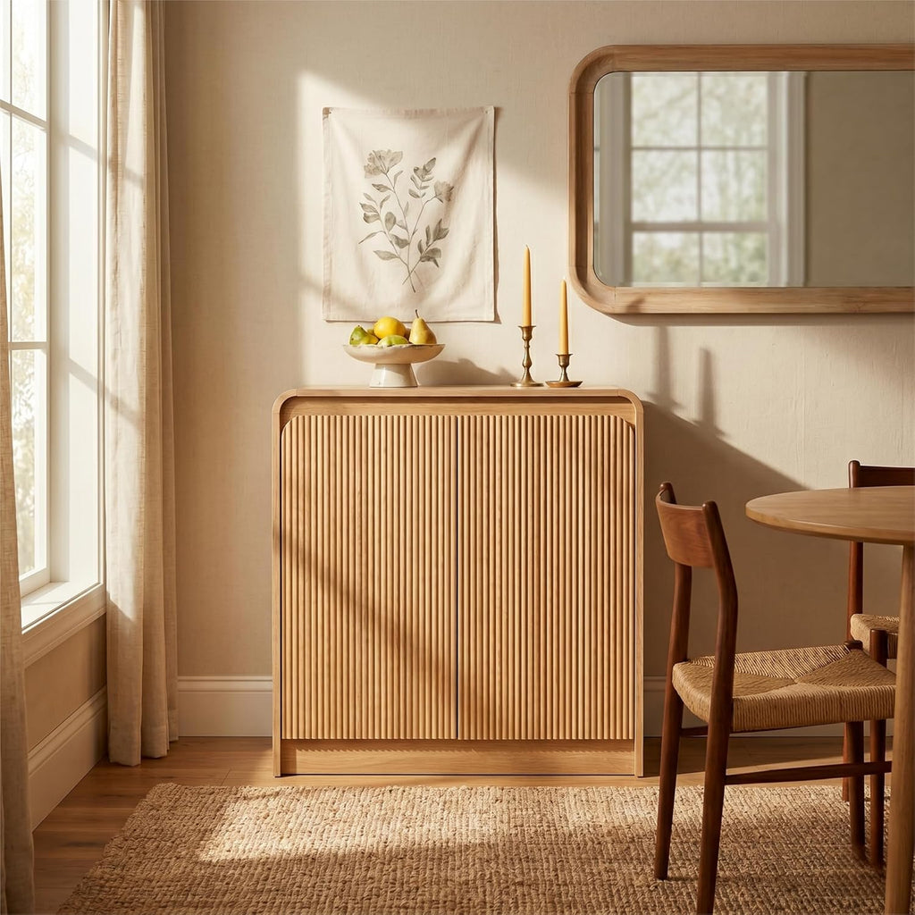 FURSUN Modern Fluted Sideboard with Curved Design, 31" Wood Buffet Cabinet with 2 Doors & Adjustable Shelves, Elegant Coffee Bar Cabinet for Kitchen, Dining Room & Entryway, Natural Oak