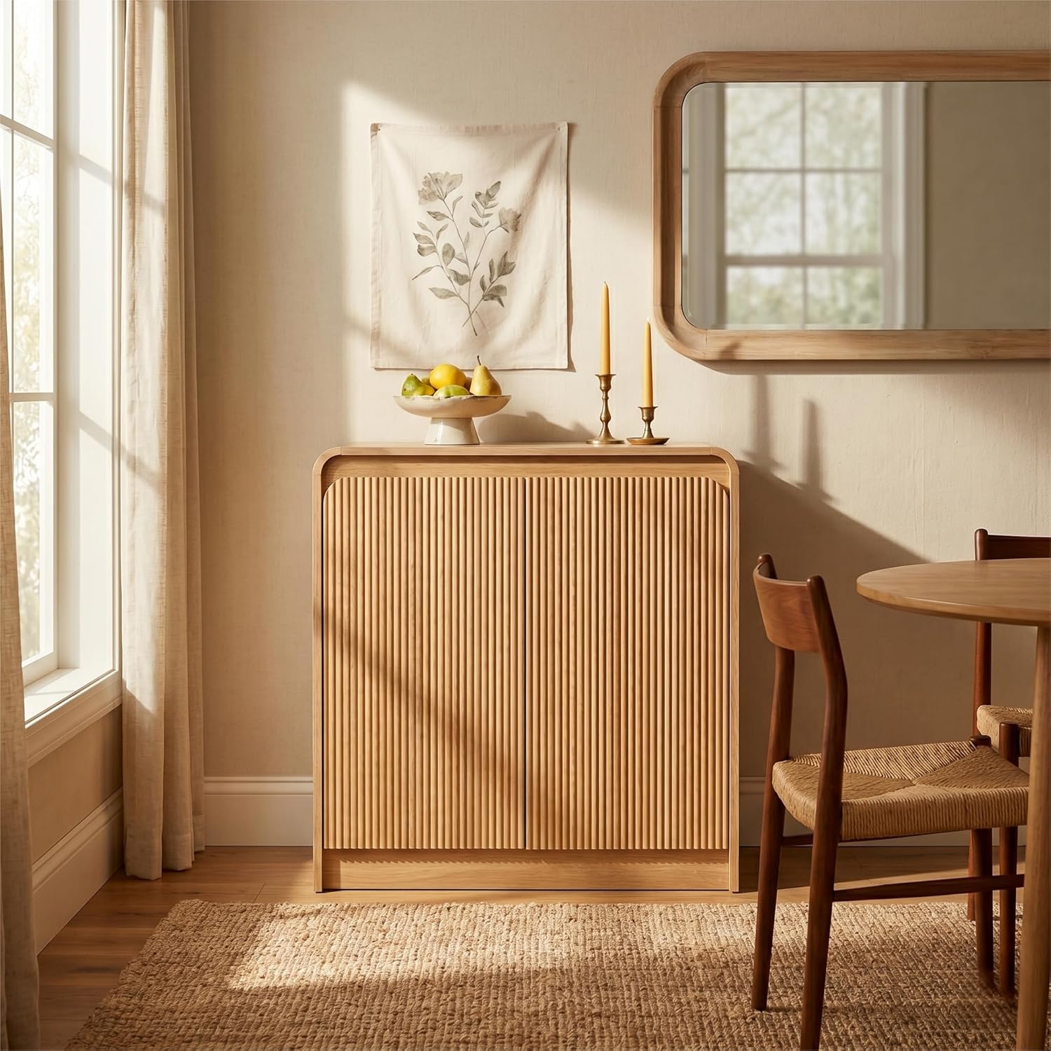 FURSUN Modern Fluted Sideboard with Curved Design, 31" Wood Buffet Cabinet with 2 Doors & Adjustable Shelves, Elegant Coffee Bar Cabinet for Kitchen, Dining Room & Entryway, Natural Oak