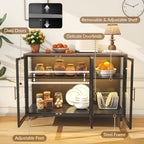 Glass Sideboard Buffet Cabinet with LED Lights, Metal & Wood Modern Storage Cabinet with 3 Glass Doors, Adjustable Shelves, Coffee Bar Cabinet for Kitchen, Entrance, Living Room, Dining Room, Black