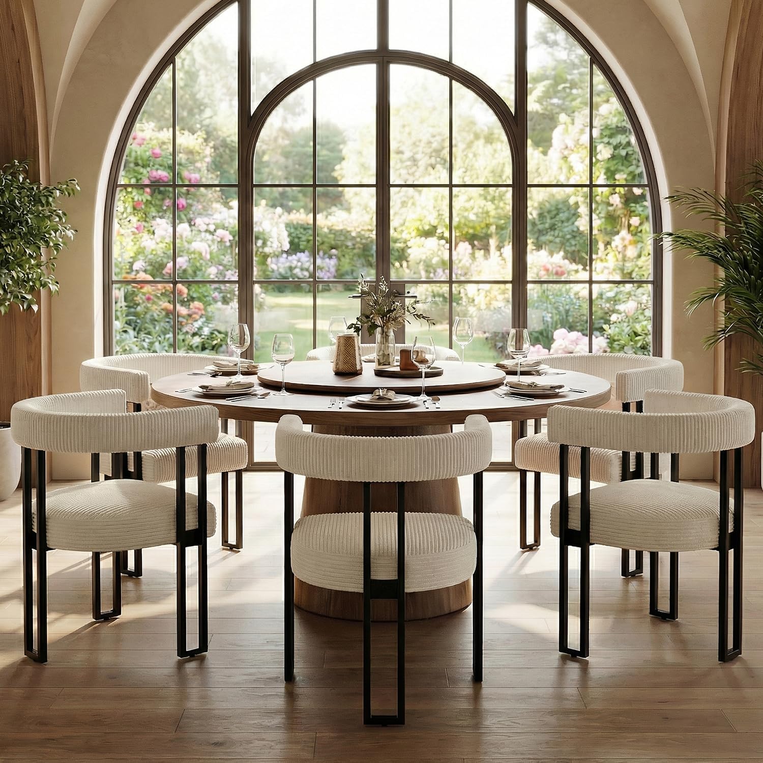 VIRRMO Boucle Corduroy Upholstered Dining Chair Set of 6 with Metal Legs Mid Century Modern Kitchen Chairs for Dining Room in Cream
