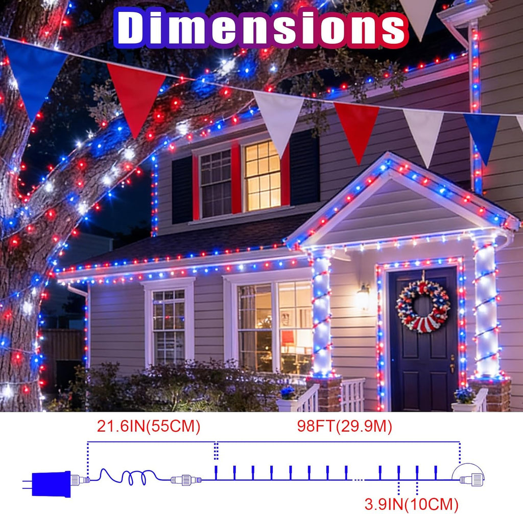 300 LED Patriotic String Lights, Red White & Blue, Clear Wire, Multi-Function, 30V, for Independence Day & Patriotic Decor