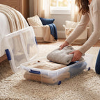 66 Quart Underbed Storage with Wheels, Clear Plastic Storage Container, with Latch Lid, for Bedroom, Closet, Garage, Blue