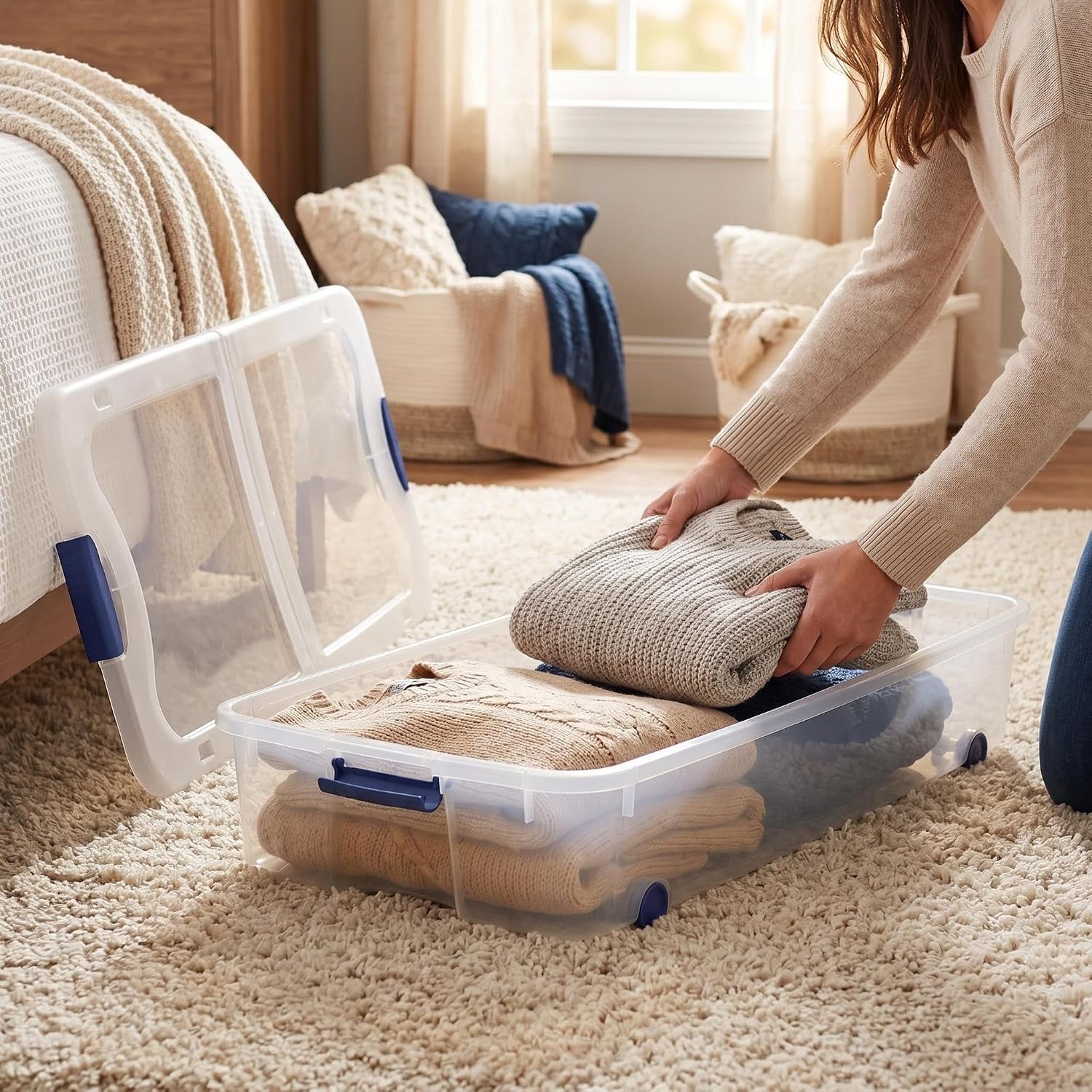 66 Quart Underbed Storage with Wheels, Clear Plastic Storage Container, with Latch Lid, for Bedroom, Closet, Garage, Blue