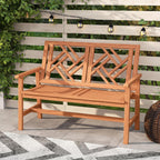 Tangkula Outdoor Wood Bench, 2-Person Patio Loveseat Chair with Geometric Backrest, Built-in Armrests & Slatted Seat, 660 lbs Weight Capacity, Garden Bench for Porch, Backyard & Poolside