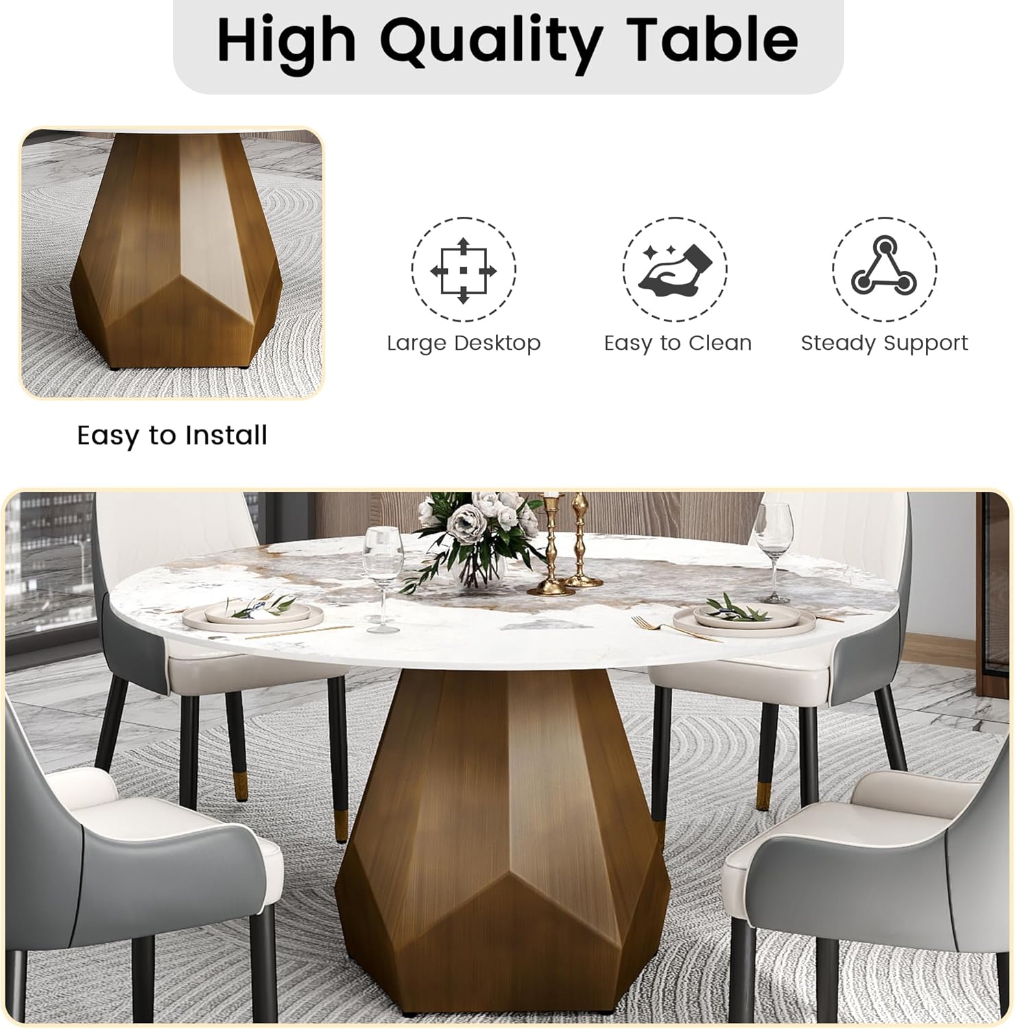 59.05" Round Marble Dining Table with Metal Base, Artificial Marble for 6-8 People, Dining Room/Living Room Kitchen Dining Table