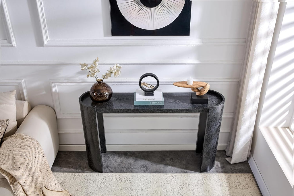 Black Curved Foyer Table Black Wood Grain Entrance Small Space Living Room Sofa Side Table