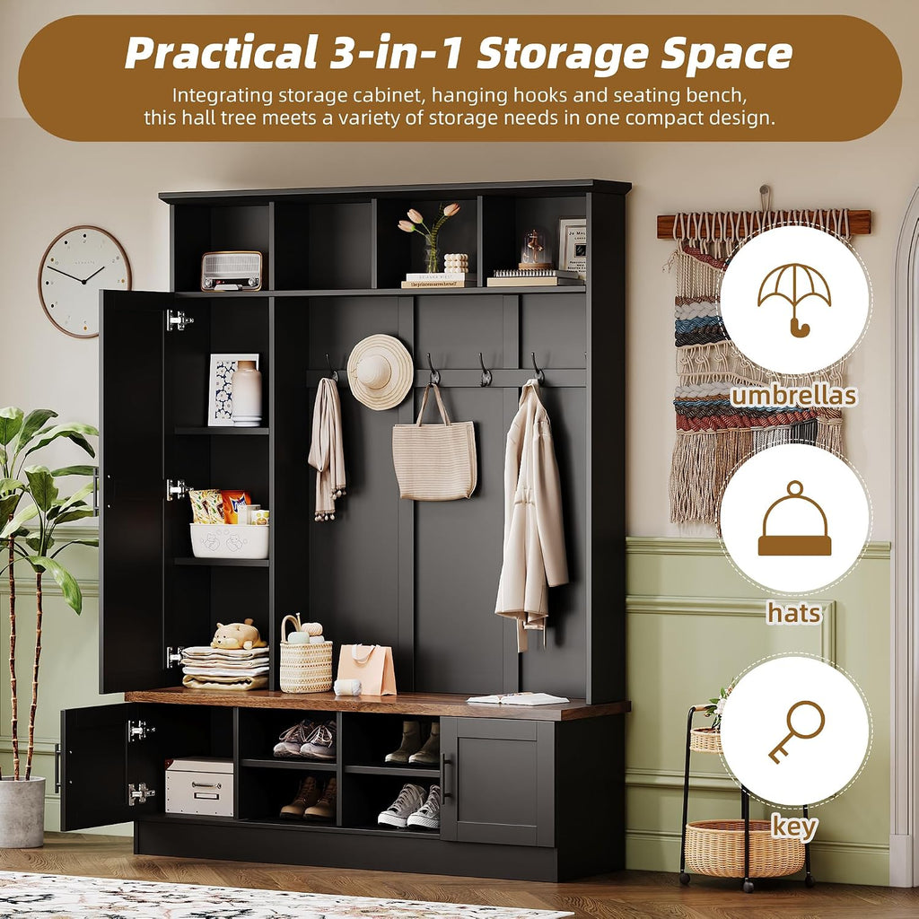 Merax Farmhouse Wood Hall Tree with Shoe Bench and 2 Drawers, 4-in-1 Coat Rack with 6 Hooks for Entrance, Hallway, Mudroom Black