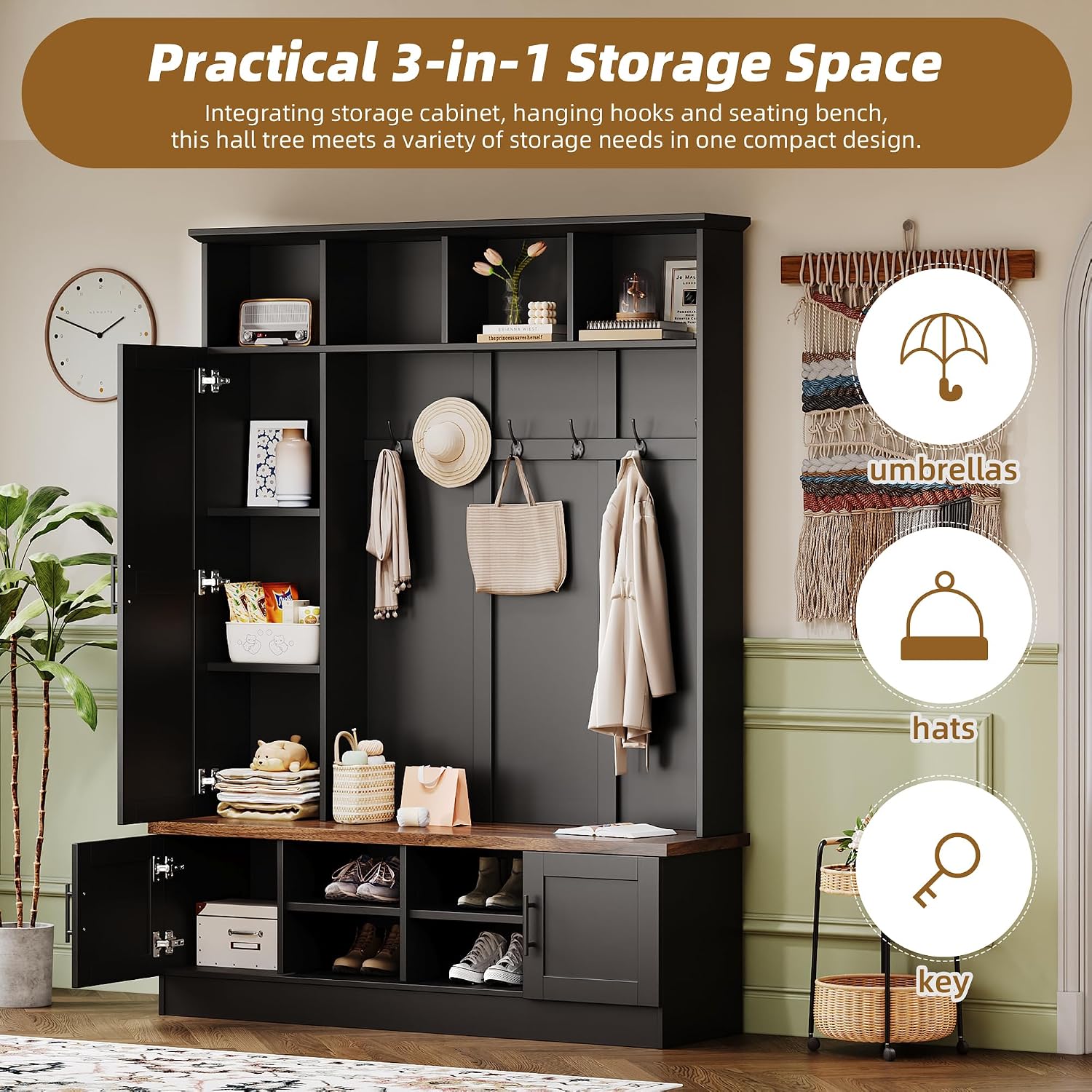 Merax Farmhouse Wood Hall Tree with Shoe Bench and 2 Drawers, 4-in-1 Coat Rack with 6 Hooks for Entrance, Hallway, Mudroom Black