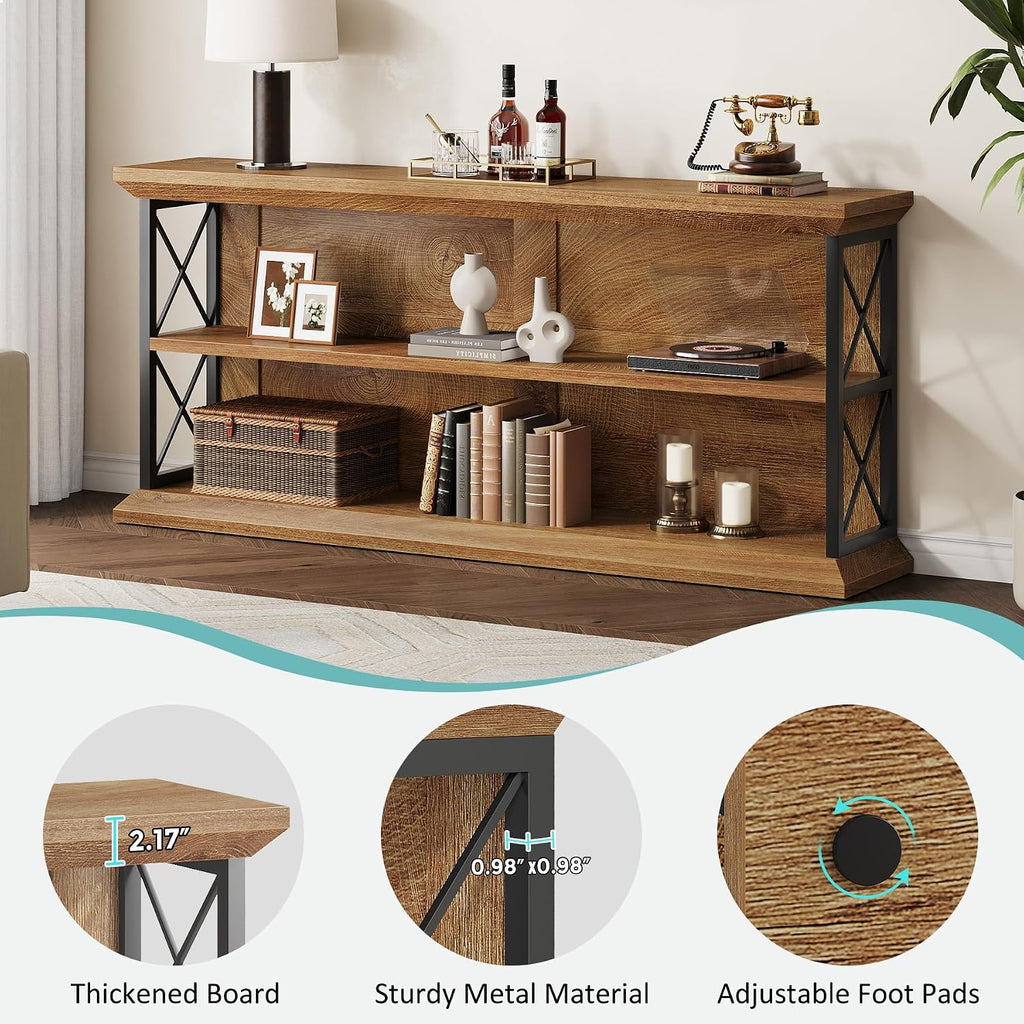63 Inch Long Console Tables for Entryway with 3-Tier Storage, Wooden Sofa Table Behind Couch for Living Room Hallway, Entry, Oak Brown