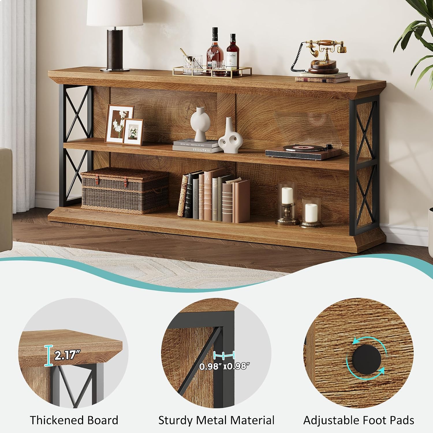 63 Inch Long Console Tables for Entryway with 3-Tier Storage, Wooden Sofa Table Behind Couch for Living Room Hallway, Entry, Oak Brown
