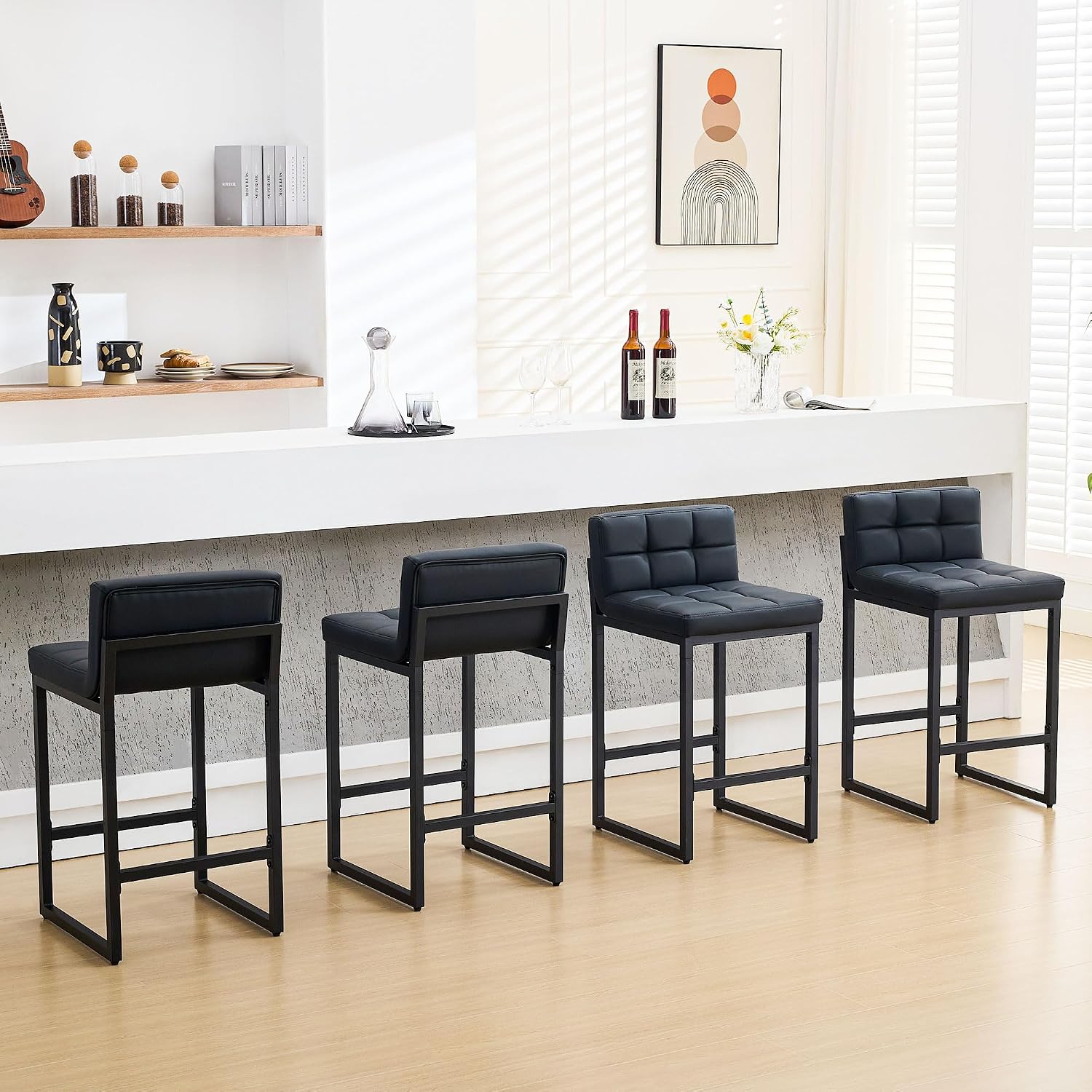 FIRAVOE Bar Stools Set of 4, PU Leather Counter Height Barstools with Low Back and Thickened Metal Legs, 26 Inch Modern Island Chairs for Kitchen Island, Bar, Counter (Black, 4Pcs 26" Counter Stools)