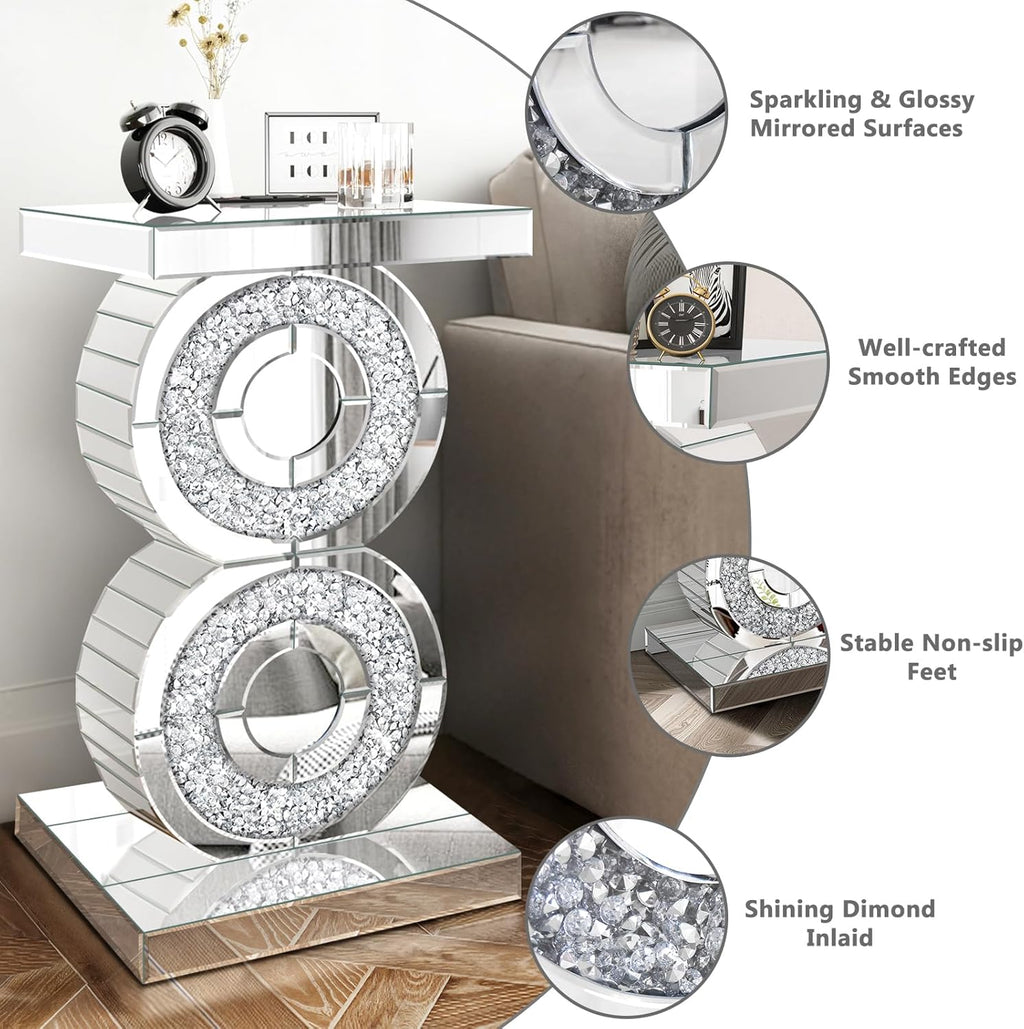 Pregaspor Crushed Diamond Mirrored End Table, Unique Side Table with Crystal Inlay,Coffee Table for Living Room Bedroom