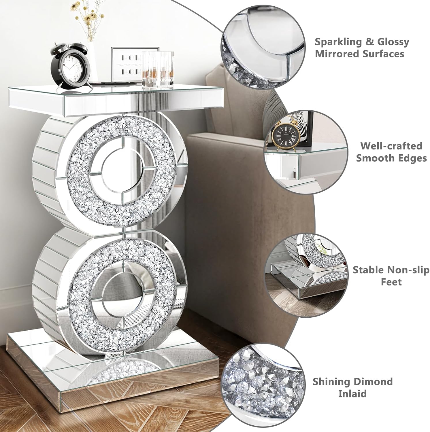 Pregaspor Crushed Diamond Mirrored End Table, Unique Side Table with Crystal Inlay,Coffee Table for Living Room Bedroom